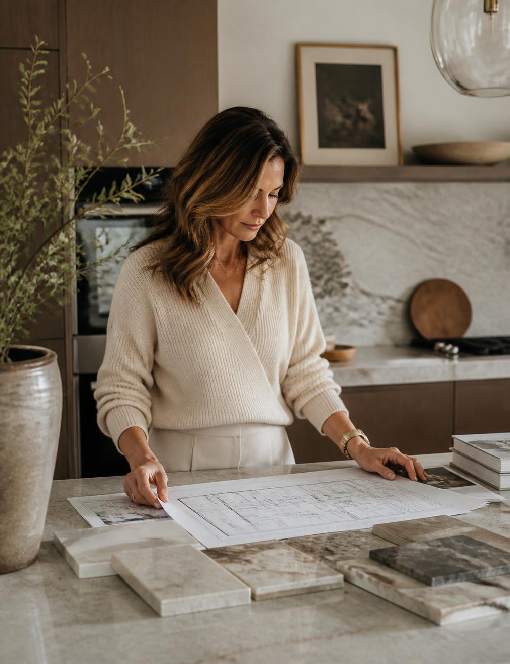 Tanya reviewing architectural plans and stone samples in a kitchen